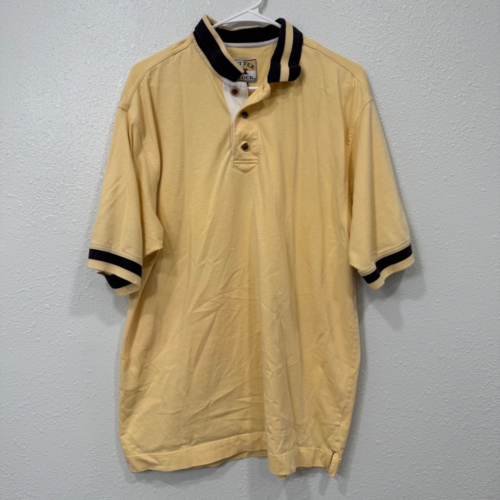 Cutter & Buck Mens‎ Yellow Cotton Short Sleeve Polo Shirt Navy Striped Trim L